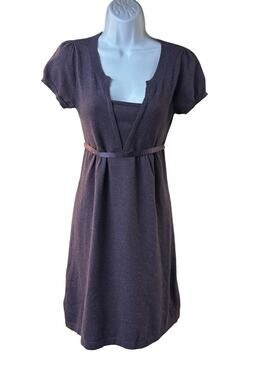 Promod Purple Knit Sweater Dress Short Sleeve Empire Waist Tie Belt READ